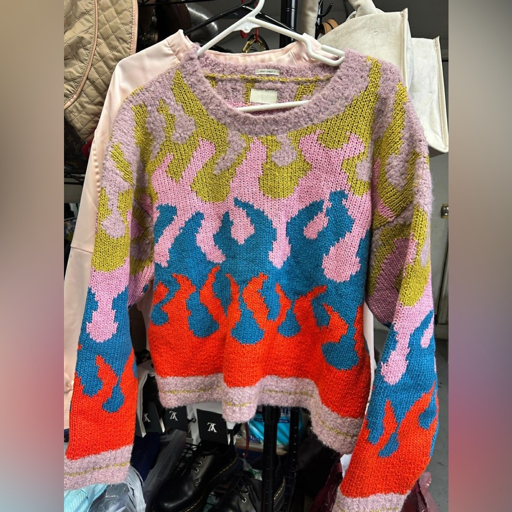 MOTHER Multicolor Abstract Colorblock Crewneck Sweater - Red, Blue, Pink - Picture 3 of 4
